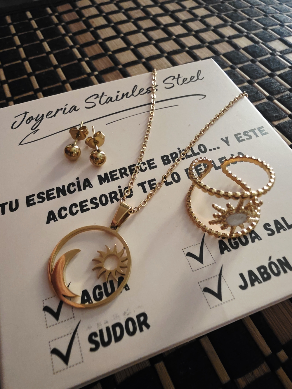 Stainless Steel Sun & Moon Pendant Necklace with Matching Hoop Ring and Earrings